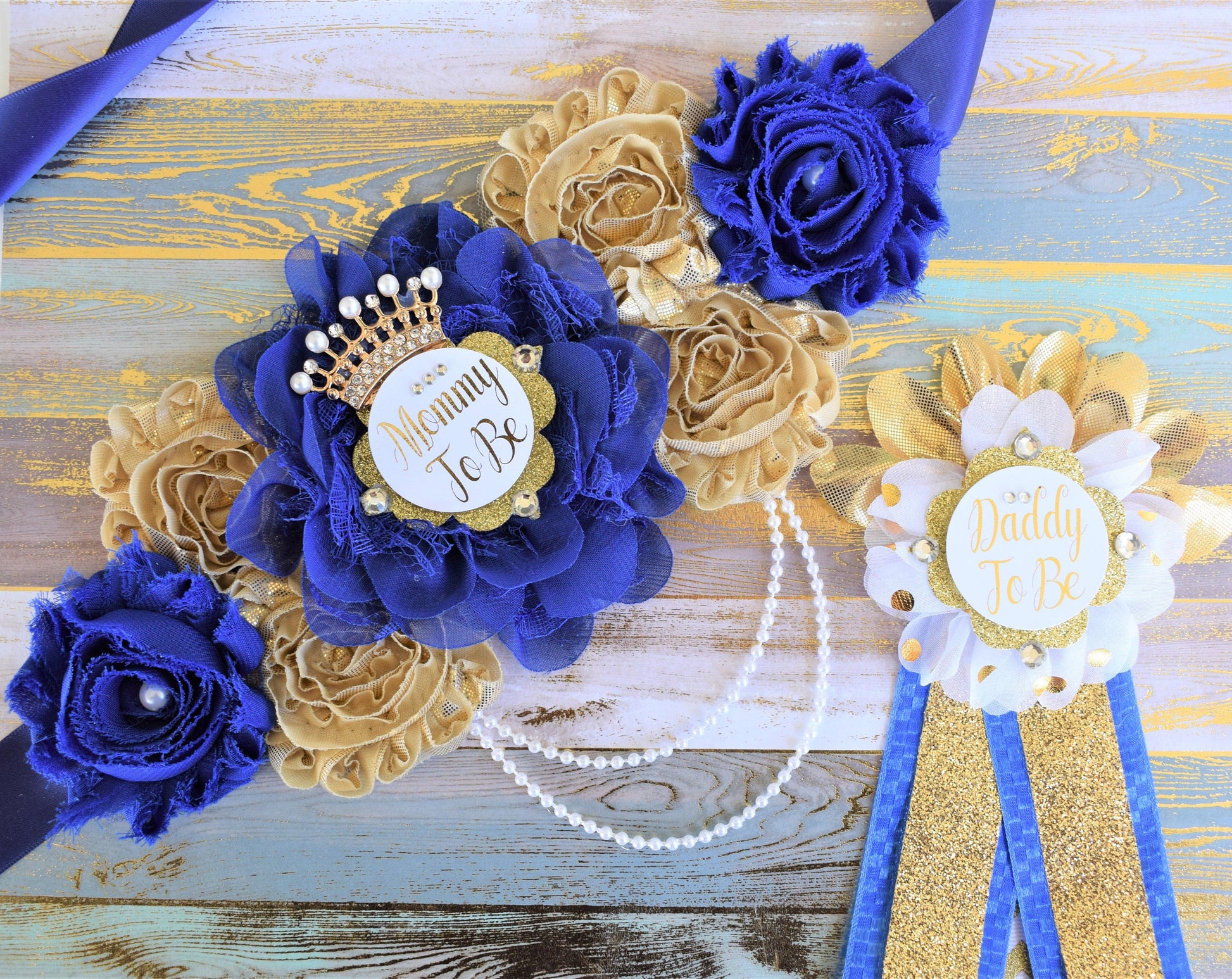 Royal Gold Prince Flower Sash, Royal Gold Maternity Sash, Royal Gold Pregnant Sash, Mommy and Daddy To Be, Royal Prince Baby Shower, Custom - Celebrations By Cris