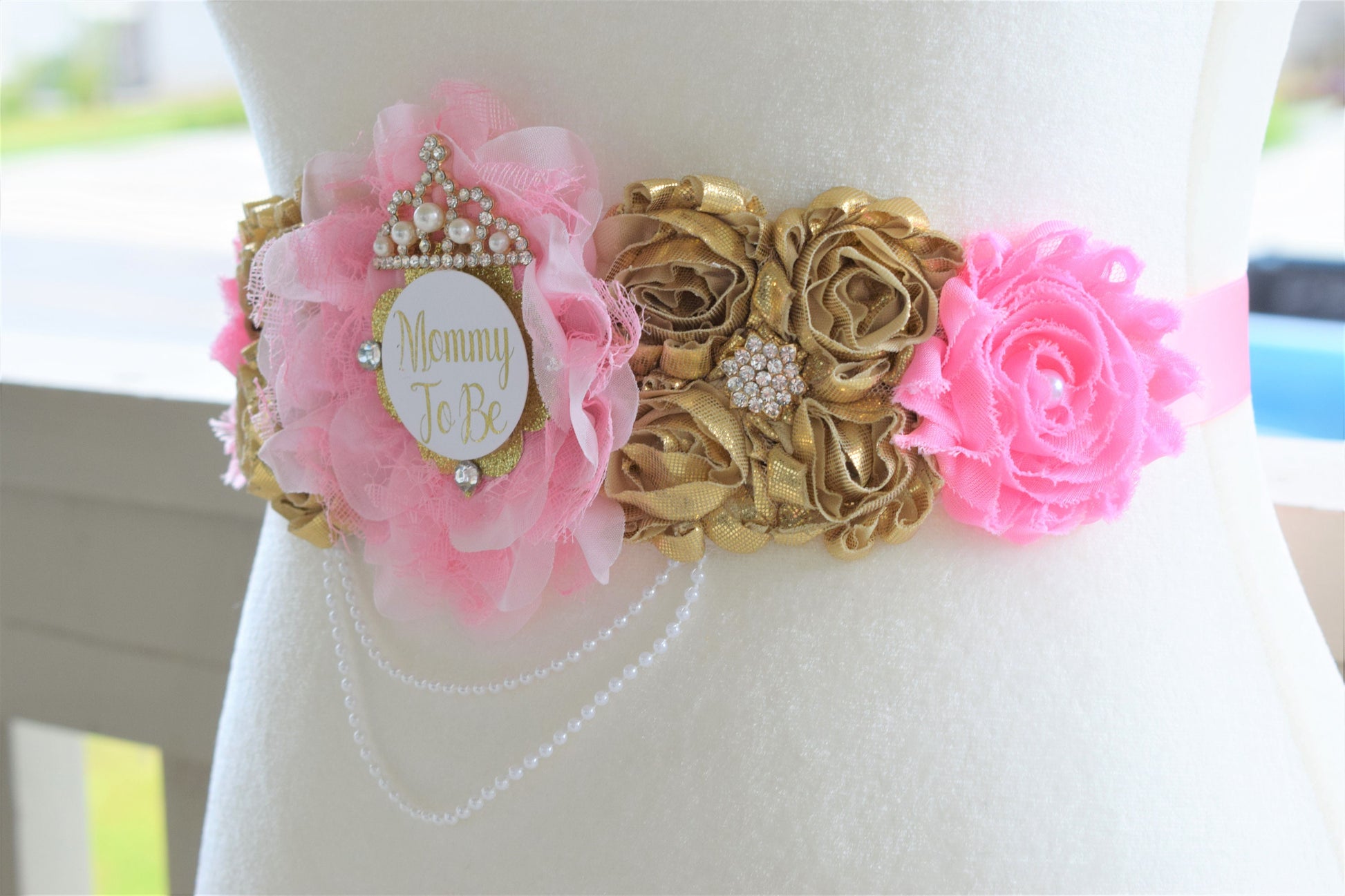 Pink Gold Princess Flower Sash, Pink Gold Maternity Sash, Pink Gold Pregnant Sash, Mommy and Daddy To Be, Pink Princess Baby Shower, Custom - Celebrations By Cris