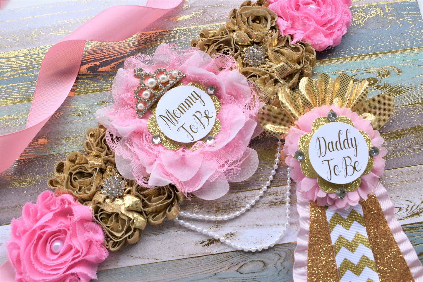 Pink Gold Princess Flower Sash, Pink Gold Maternity Sash, Pink Gold Pregnant Sash, Mommy and Daddy To Be, Pink Princess Baby Shower, Custom - Celebrations By Cris