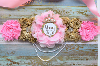 Pink Gold Princess Flower Sash, Pink Gold Maternity Sash, Pink Gold Pregnant Sash, Mommy and Daddy To Be, Pink Princess Baby Shower, Custom - Celebrations By Cris