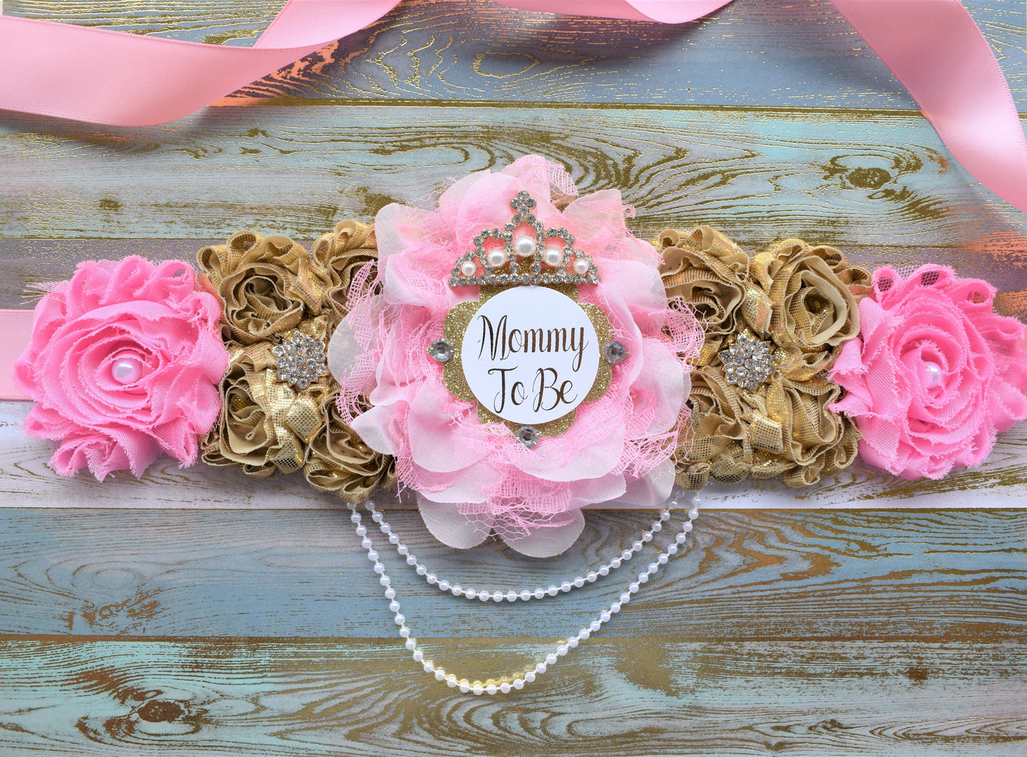 Pink Gold Princess Flower Sash, Pink Gold Maternity Sash, Pink Gold Pregnant Sash, Mommy and Daddy To Be, Pink Princess Baby Shower, Custom - Celebrations By Cris