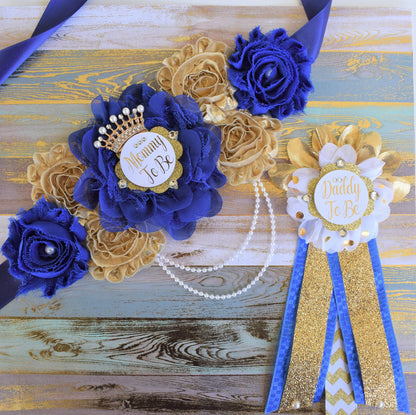 Royal Gold Prince Flower Sash, Royal Gold Maternity Sash, Royal Gold Pregnant Sash, Mommy and Daddy To Be, Royal Prince Baby Shower, Custom - Celebrations By Cris