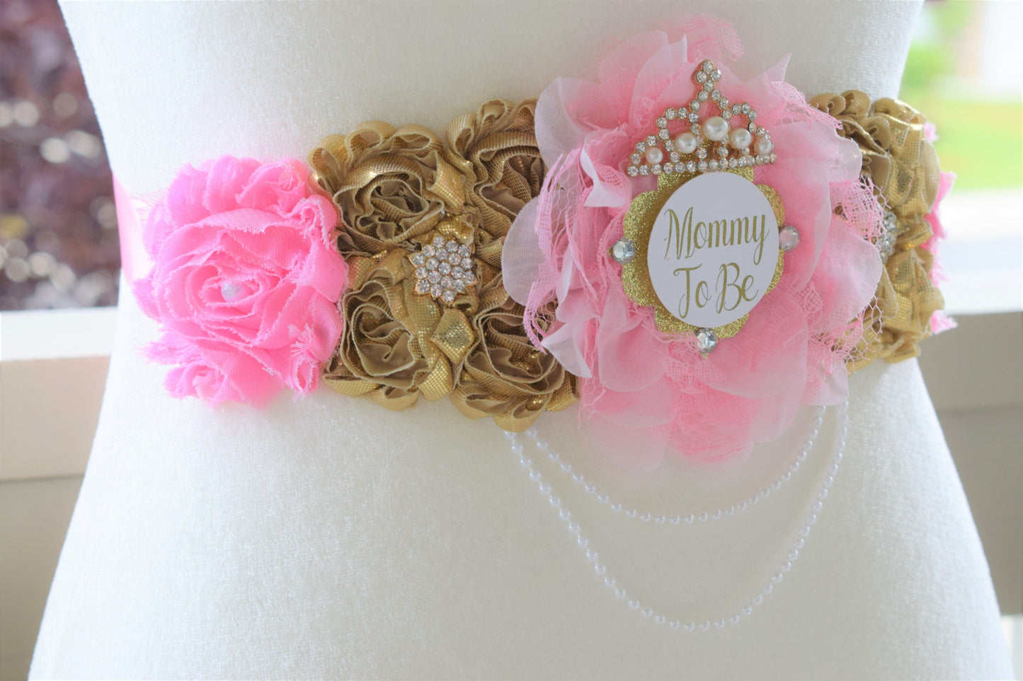 Pink Gold Princess Flower Sash, Pink Gold Maternity Sash, Pink Gold Pregnant Sash, Mommy and Daddy To Be, Pink Princess Baby Shower, Custom - Celebrations By Cris