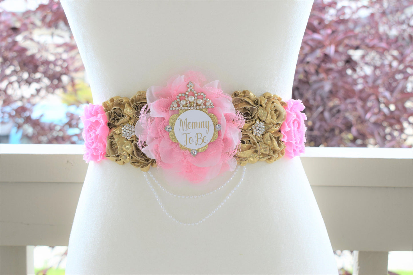 Pink Gold Princess Flower Sash, Pink Gold Maternity Sash, Pink Gold Pregnant Sash, Mommy and Daddy To Be, Pink Princess Baby Shower, Custom - Celebrations By Cris