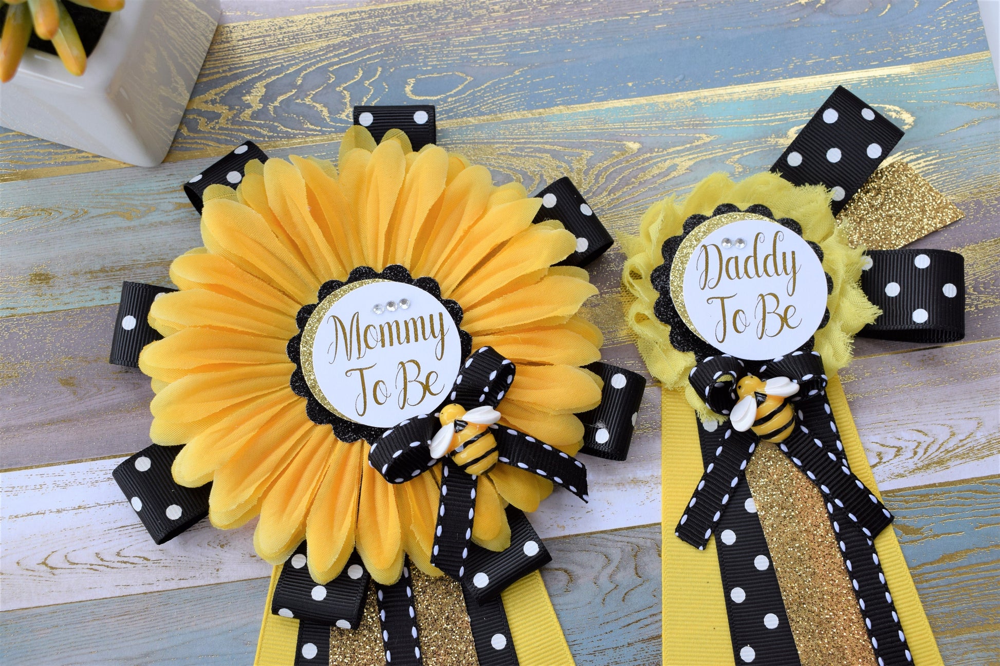 Sunflower Baby Shower, Yellow Black Flower Corsage Pin, Mommy To Be, Daddy To Be, Gender Reveal Baby Shower, Bumble Bee & Sunflower Theme - Celebrations By Cris