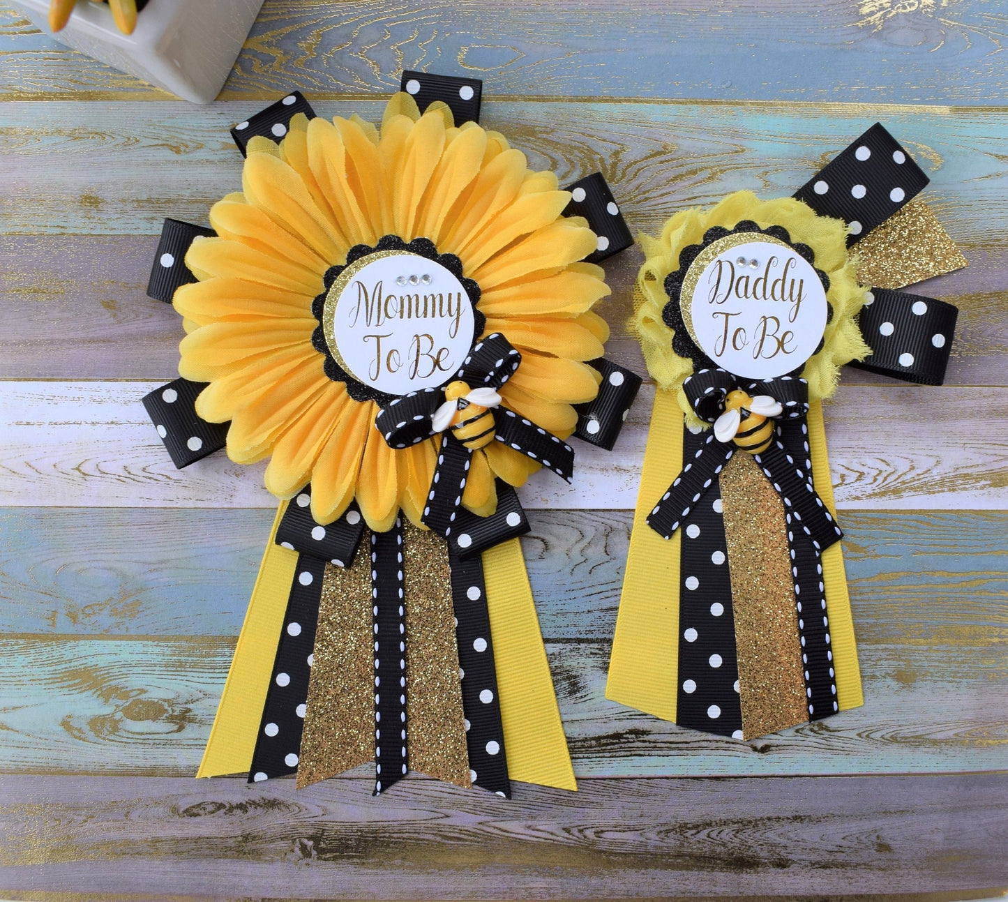 Sunflower Baby Shower, Yellow Black Flower Corsage Pin, Mommy To Be, Daddy To Be, Gender Reveal Baby Shower, Bumble Bee & Sunflower Theme - Celebrations By Cris