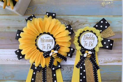 Sunflower Baby Shower, Yellow Black Flower Corsage Pin, Mommy To Be, Daddy To Be, Gender Reveal Baby Shower, Bumble Bee & Sunflower Theme - Celebrations By Cris