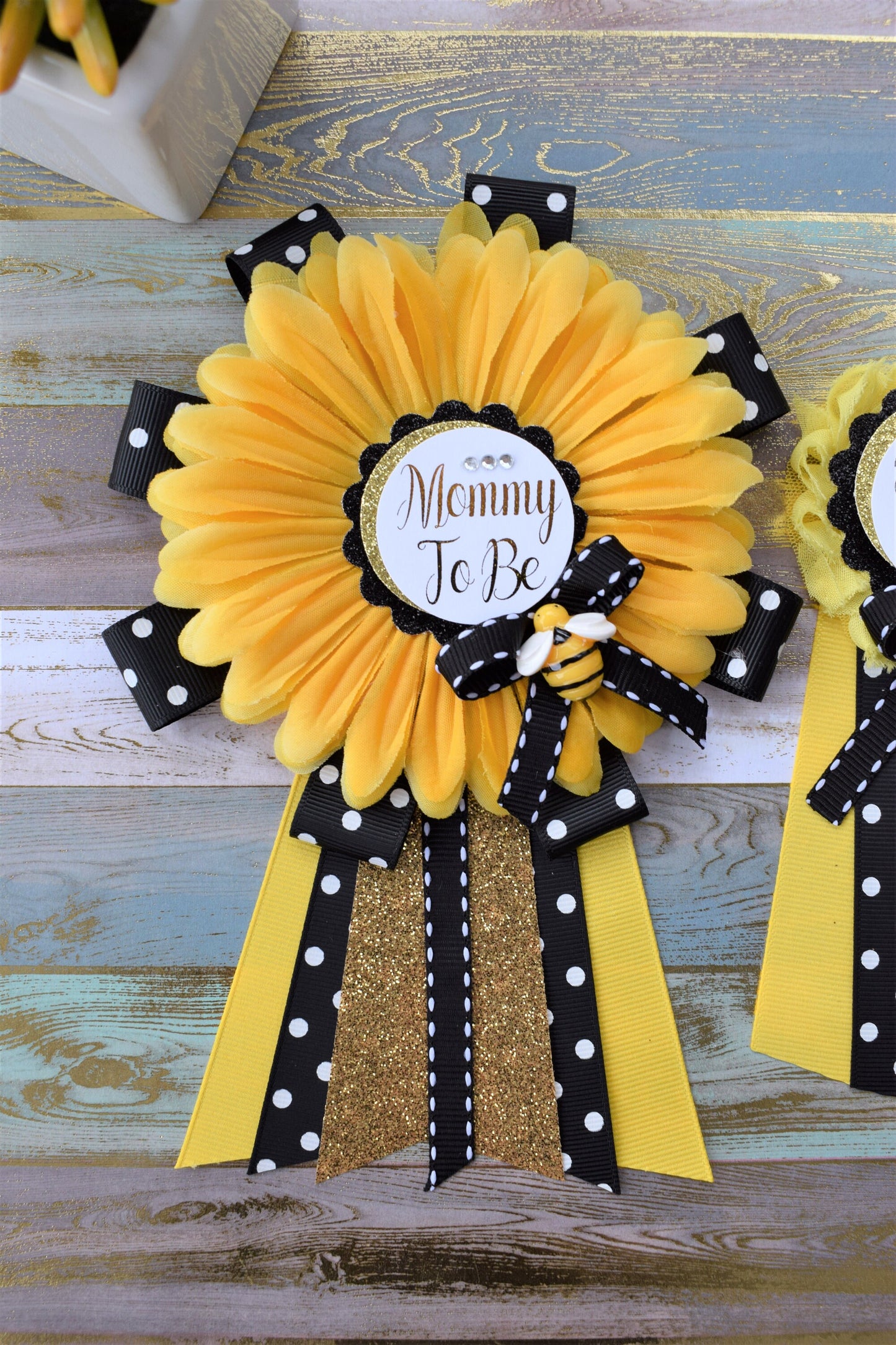 Sunflower Baby Shower, Yellow Black Flower Corsage Pin, Mommy To Be, Daddy To Be, Gender Reveal Baby Shower, Bumble Bee & Sunflower Theme - Celebrations By Cris