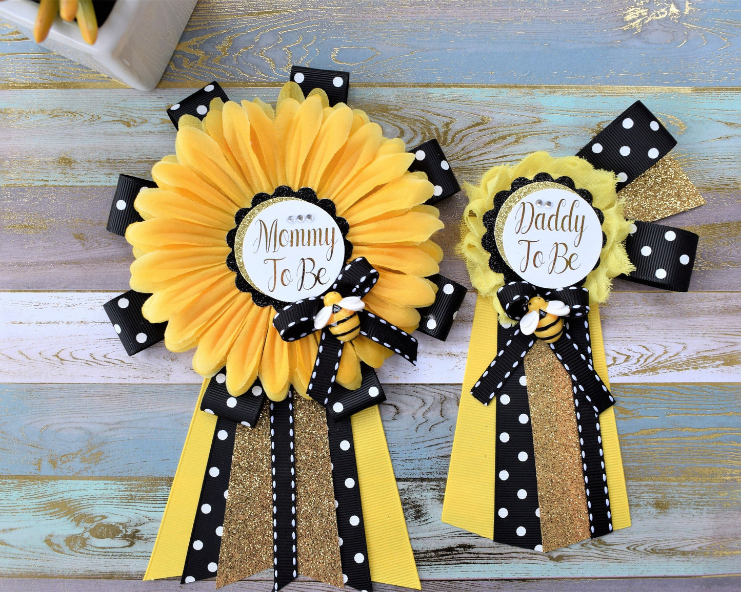 Sunflower Baby Shower, Yellow Black Flower Corsage Pin, Mommy To Be, Daddy To Be, Gender Reveal Baby Shower, Bumble Bee & Sunflower Theme - Celebrations By Cris