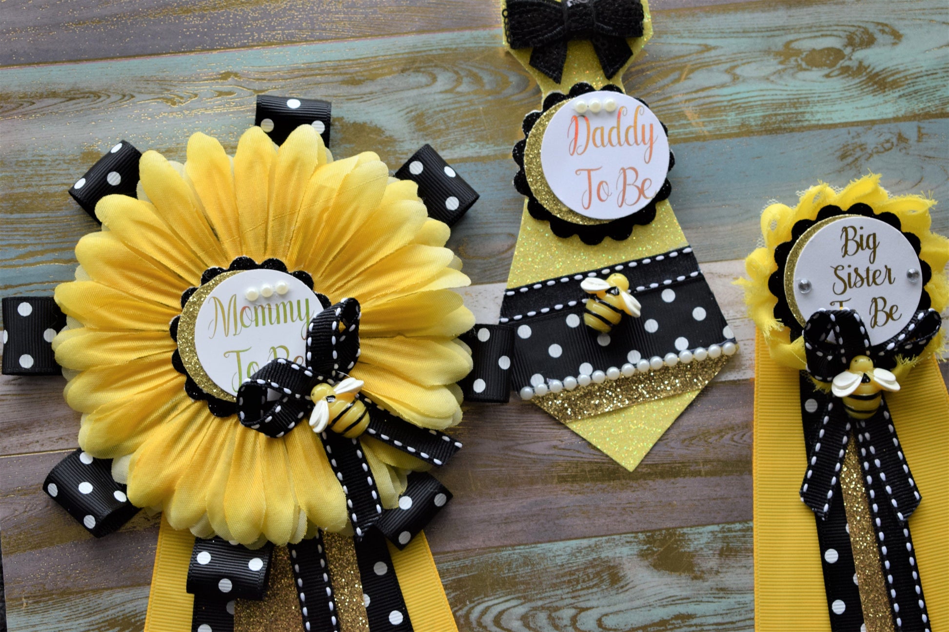 Sunflower Baby Shower, Yellow Black Flower Corsage Pin, Mommy To Be, Daddy To Be, Gender Reveal Baby Shower, Bumble Bee & Sunflower Theme - Celebrations By Cris