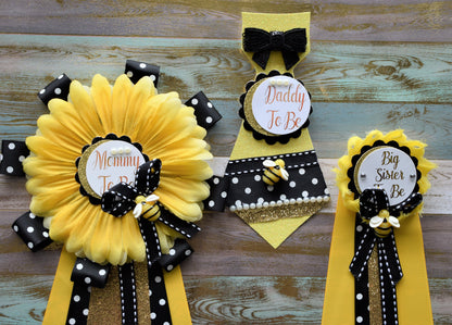 Sunflower Baby Shower, Yellow Black Flower Corsage Pin, Mommy To Be, Daddy To Be, Gender Reveal Baby Shower, Bumble Bee & Sunflower Theme - Celebrations By Cris