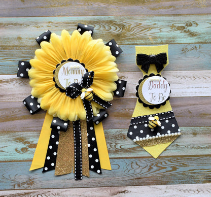 Sunflower Baby Shower, Yellow Black Flower Corsage Pin, Mommy To Be, Daddy To Be, Gender Reveal Baby Shower, Bumble Bee & Sunflower Theme - Celebrations By Cris