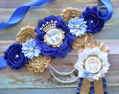 Royal Gold Prince Flower Sash, Royal Gold Maternity Sash, Royal Gold Pregnant Sash, Mommy and Daddy To Be, Royal Prince Baby Shower, Custom - Celebrations By Cris