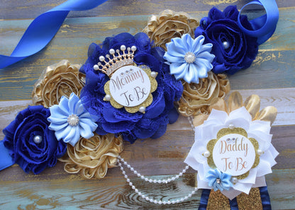 Royal Gold Prince Flower Sash, Royal Gold Maternity Sash, Royal Gold Pregnant Sash, Mommy and Daddy To Be, Royal Prince Baby Shower, Custom - Celebrations By Cris