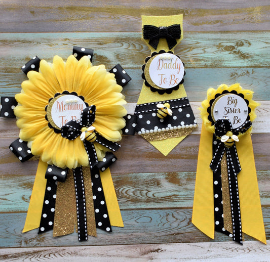 Sunflower Baby Shower, Yellow Black Flower Corsage Pin, Mommy To Be, Daddy To Be, Gender Reveal Baby Shower, Bumble Bee & Sunflower Theme - Celebrations By Cris