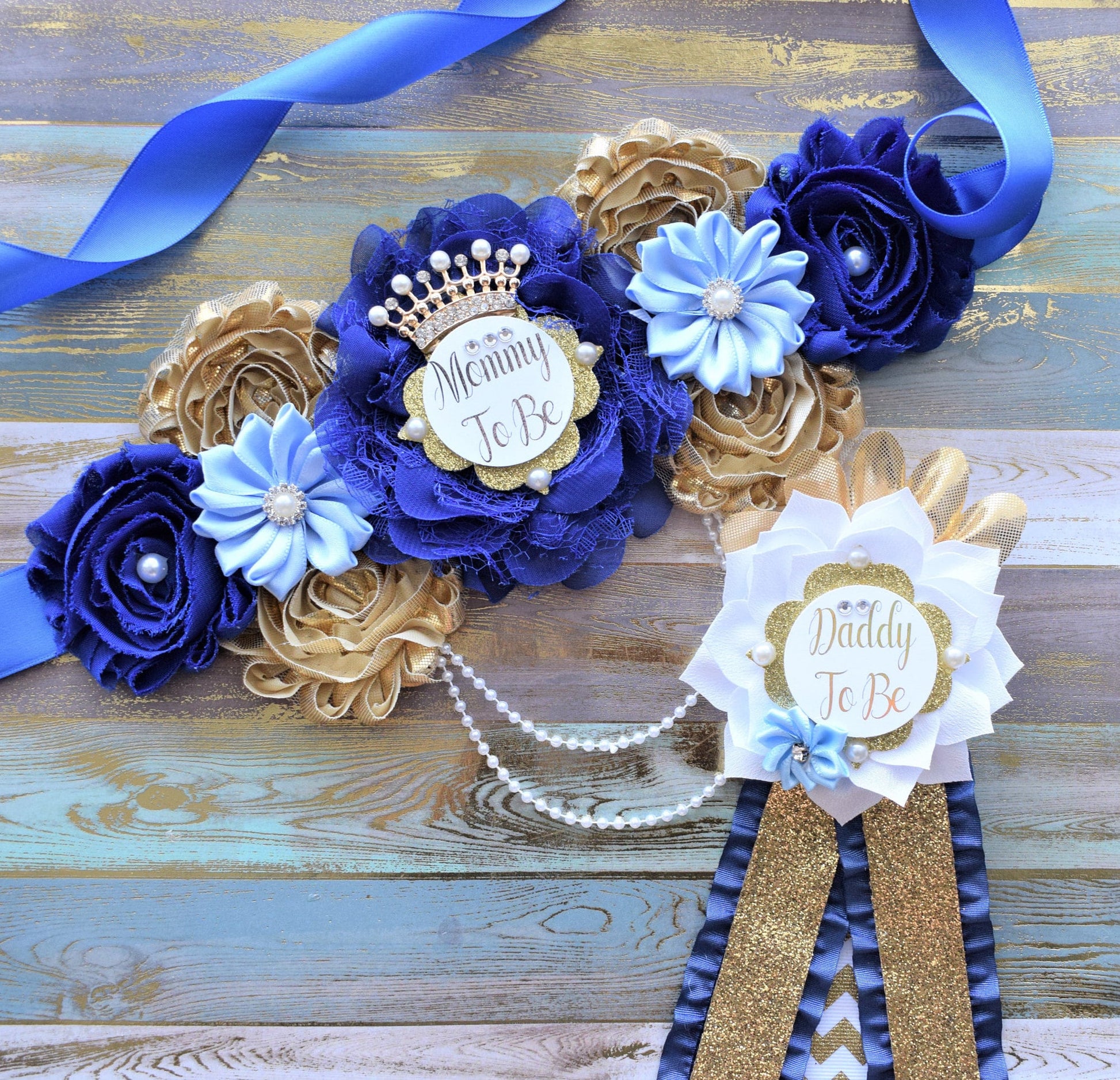 Royal Gold Prince Flower Sash, Royal Gold Maternity Sash, Royal Gold Pregnant Sash, Mommy and Daddy To Be, Royal Prince Baby Shower, Custom - Celebrations By Cris