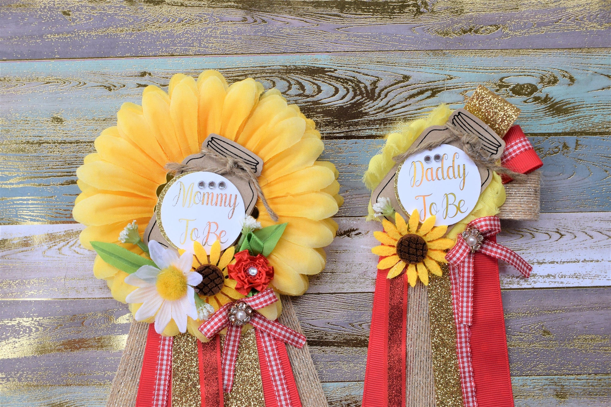 Floral Mason Jar Baby Shower, Sunflower Red Rustic Baby Shower, Yellow Red Flower Corsage Pin, Mommy To Be, Daddy To Be, Floral Mason Jar - Celebrations By Cris