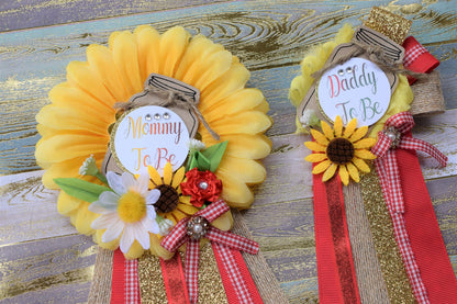 Floral Mason Jar Baby Shower, Sunflower Red Rustic Baby Shower, Yellow Red Flower Corsage Pin, Mommy To Be, Daddy To Be, Floral Mason Jar - Celebrations By Cris