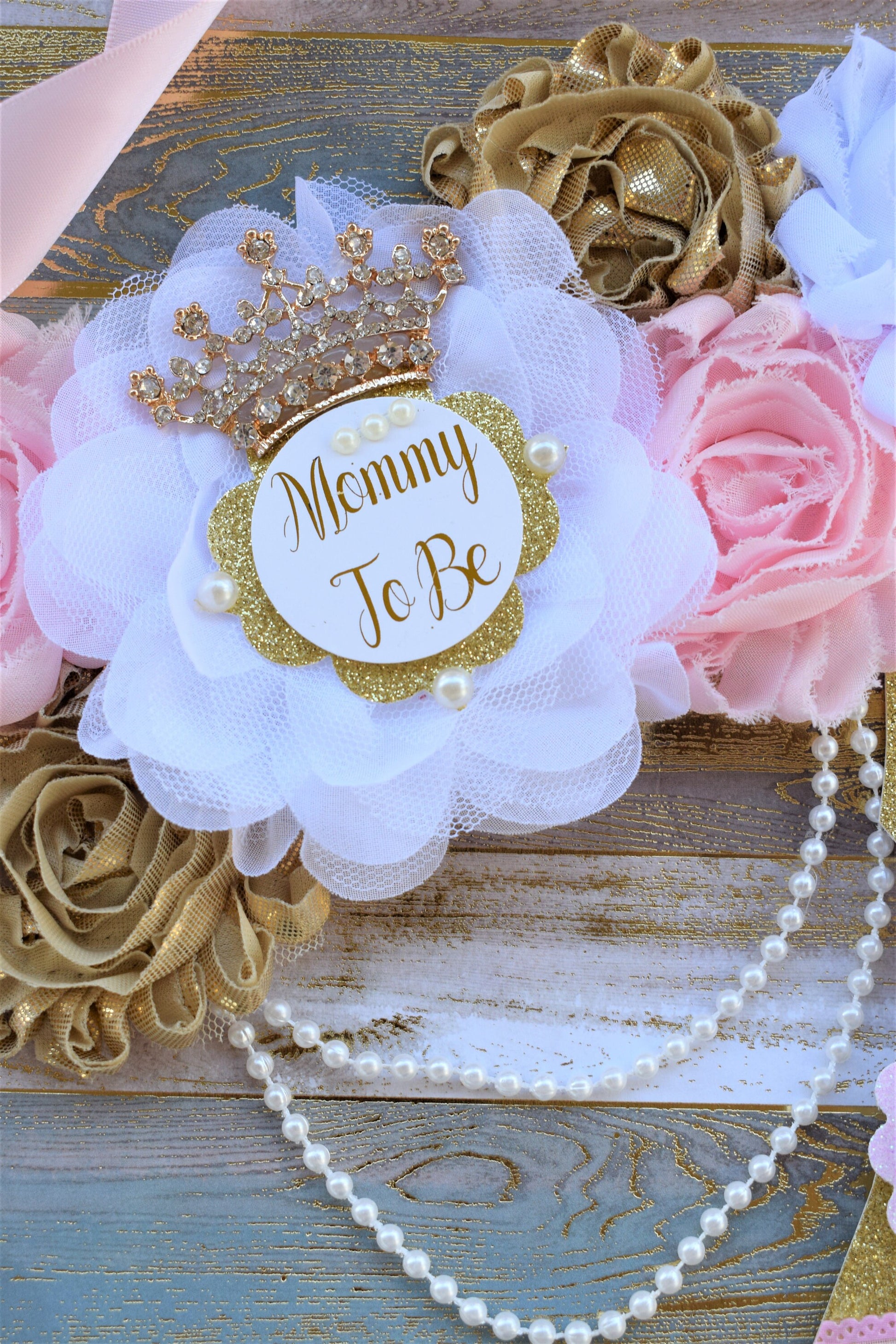 Pink Gold Princess Flower Sash, Pink Gold Maternity Sash, Pink Gold White Pregnant Sash, Mommy and Daddy To Be, Princess Baby Shower, Custom - Celebrations By Cris