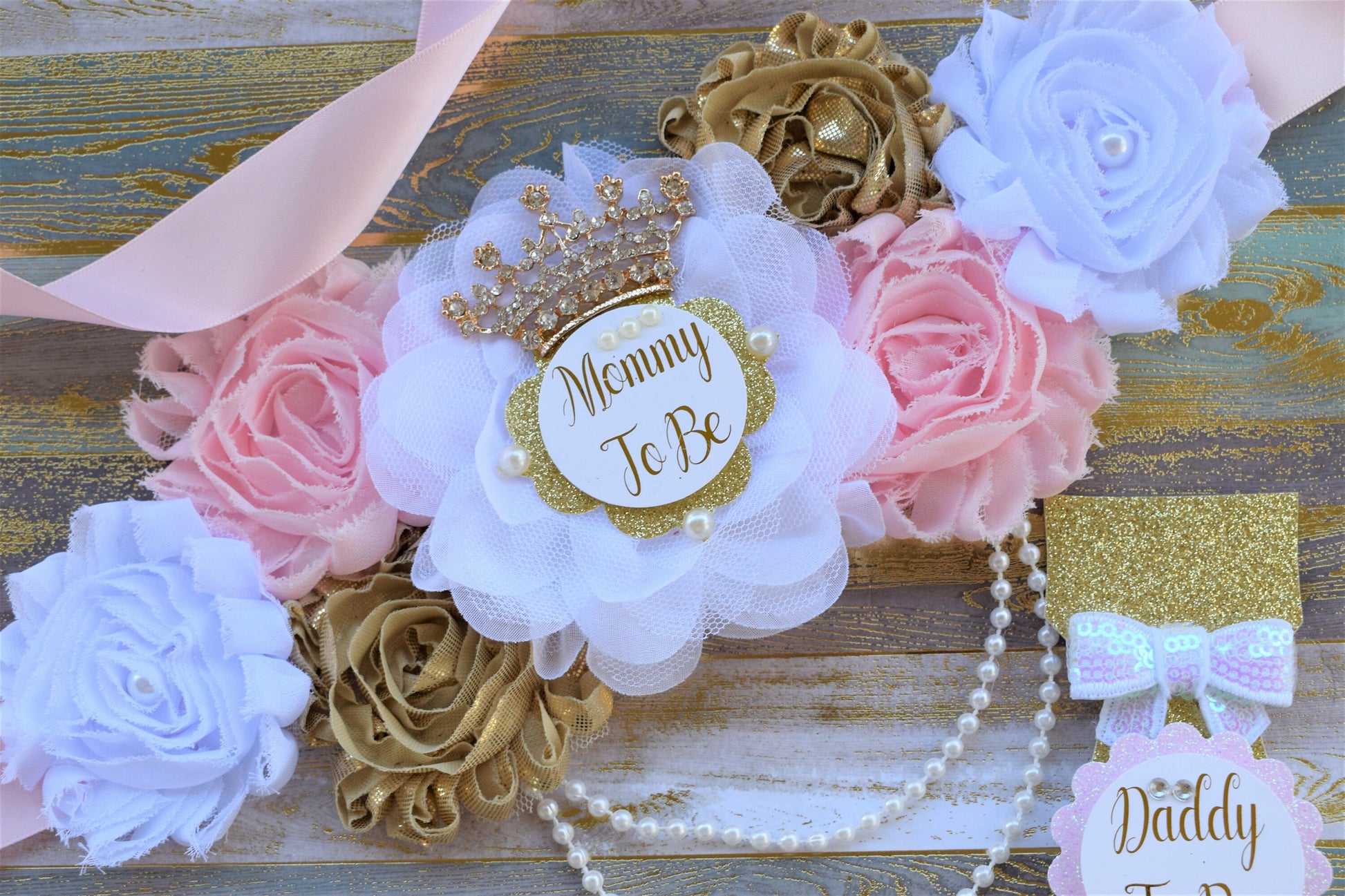 Pink Gold Princess Flower Sash, Pink Gold Maternity Sash, Pink Gold White Pregnant Sash, Mommy and Daddy To Be, Princess Baby Shower, Custom - Celebrations By Cris