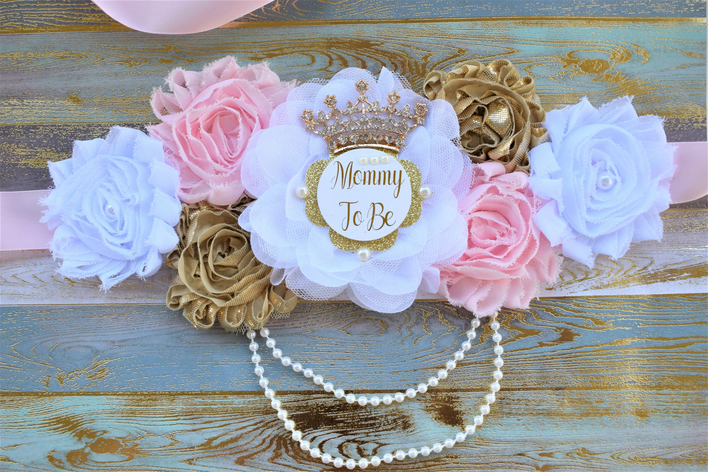 Pink Gold Princess Flower Sash, Pink Gold Maternity Sash, Pink Gold White Pregnant Sash, Mommy and Daddy To Be, Princess Baby Shower, Custom - Celebrations By Cris