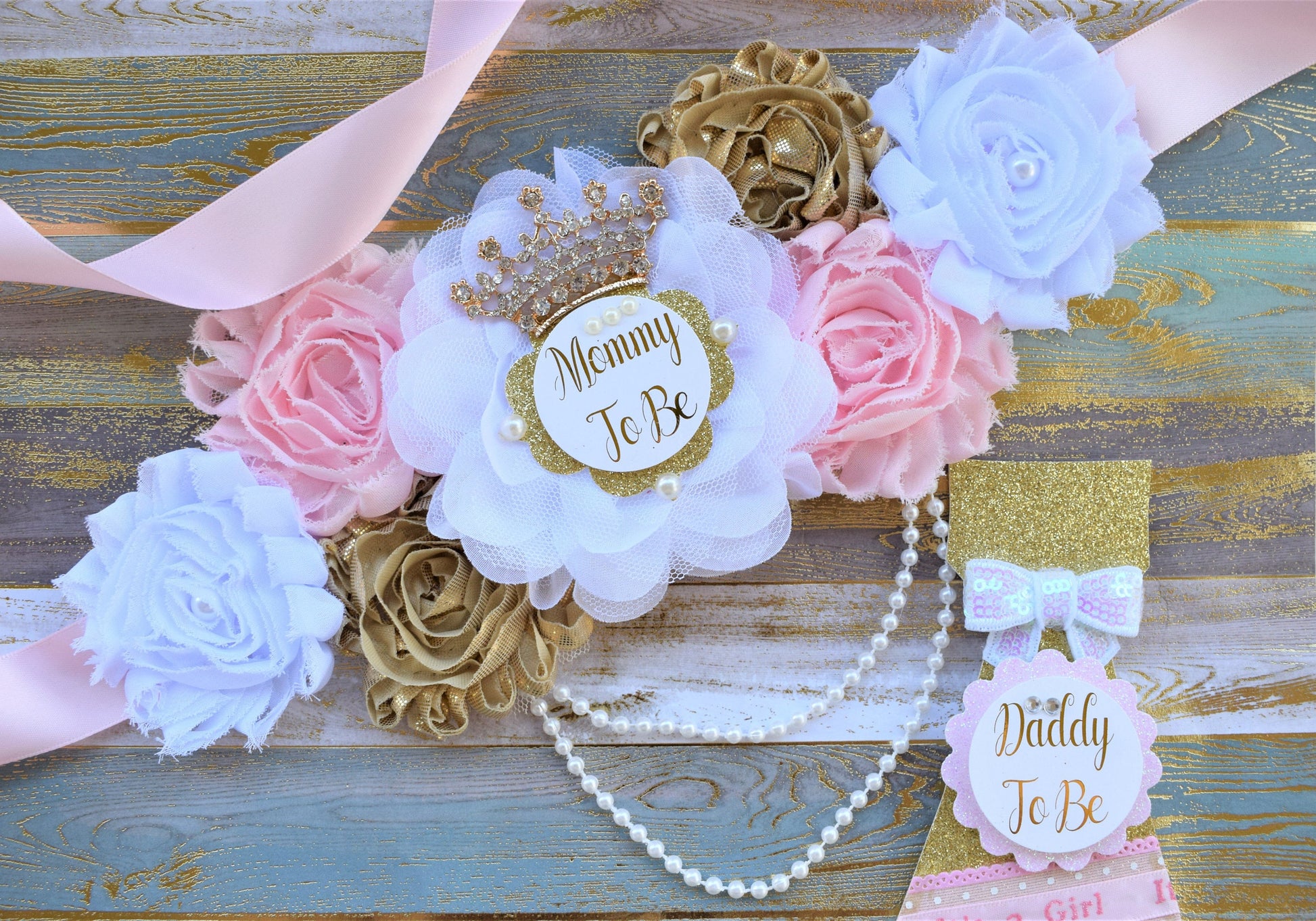 Pink Gold Princess Flower Sash, Pink Gold Maternity Sash, Pink Gold White Pregnant Sash, Mommy and Daddy To Be, Princess Baby Shower, Custom - Celebrations By Cris