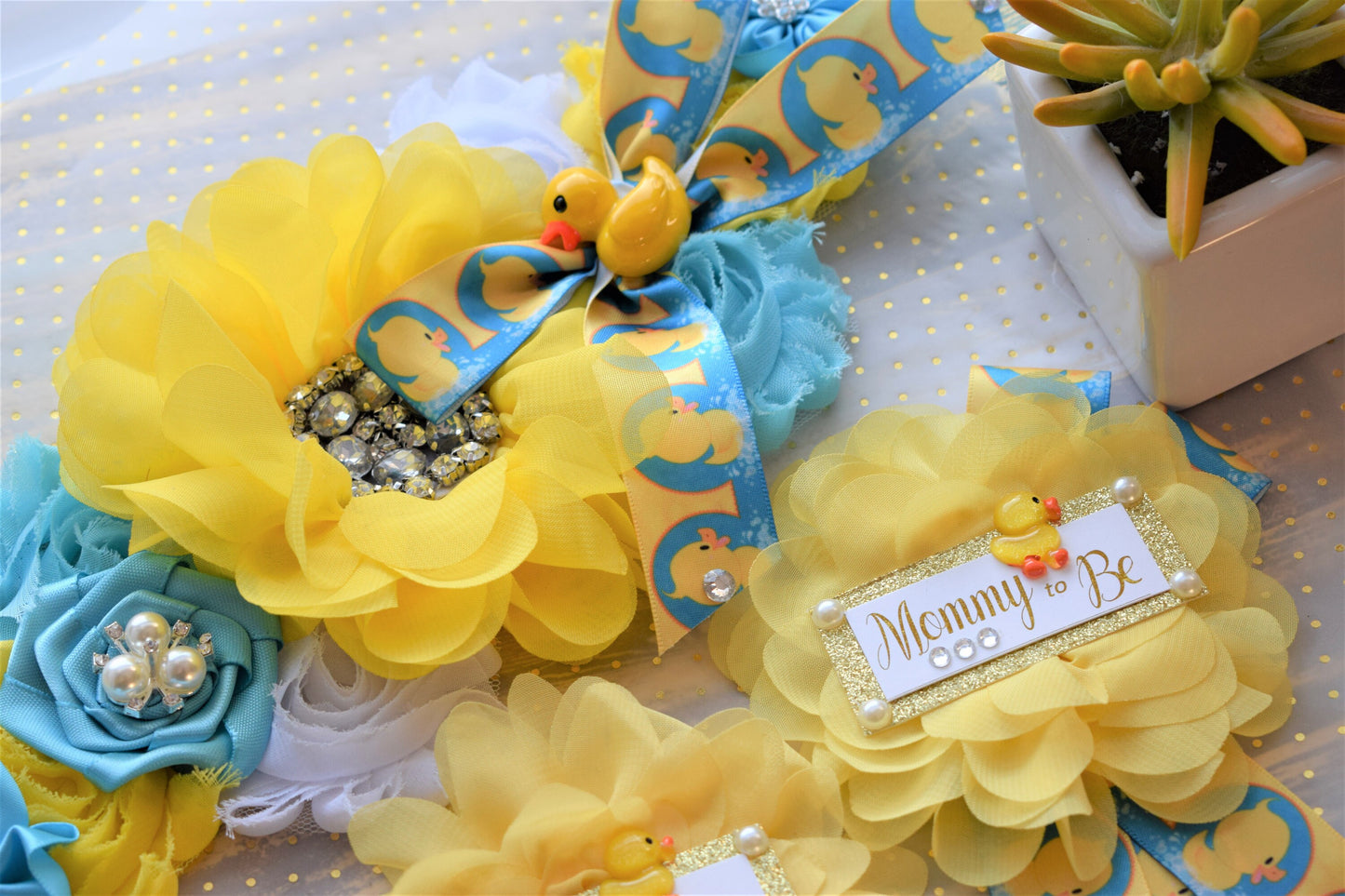 Rubber Duck Baby Shower, Ducky Flower Sash, Mommy To Be Ribbon, Daddy To Be Corsage Pin, Yellow Blue White Duck Baby Shower Sash, Custom