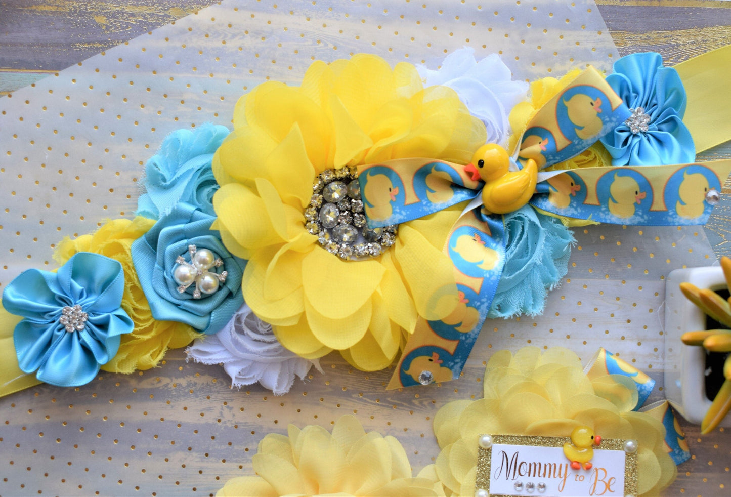 Rubber Duck Baby Shower, Ducky Flower Sash, Mommy To Be Ribbon, Daddy To Be Corsage Pin, Yellow Blue White Duck Baby Shower Sash, Custom