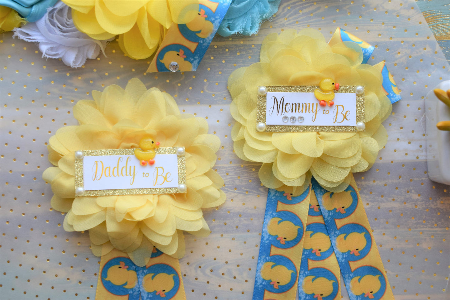 Rubber Duck Baby Shower, Ducky Flower Sash, Mommy To Be Ribbon, Daddy To Be Corsage Pin, Yellow Blue White Duck Baby Shower Sash, Custom