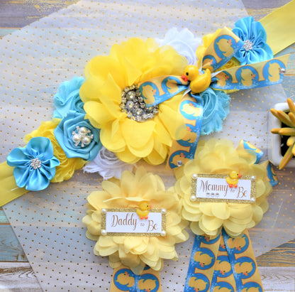 Rubber Duck Baby Shower, Ducky Flower Sash, Mommy To Be Ribbon, Daddy To Be Corsage Pin, Yellow Blue White Duck Baby Shower Sash, Custom