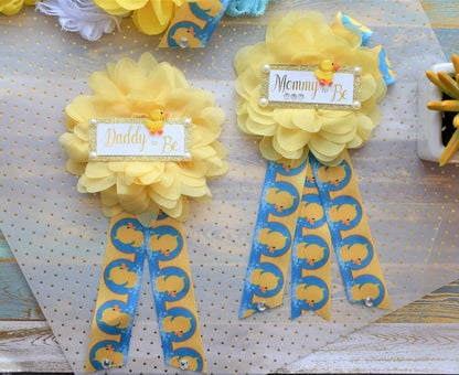 Rubber Duck Baby Shower, Ducky Flower Sash, Mommy To Be Ribbon, Daddy To Be Corsage Pin, Yellow Blue White Duck Baby Shower Sash, Custom