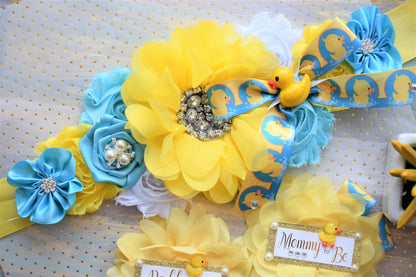 Rubber Duck Baby Shower, Ducky Flower Sash, Mommy To Be Ribbon, Daddy To Be Corsage Pin, Yellow Blue White Duck Baby Shower Sash, Custom