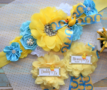 Rubber Duck Baby Shower, Ducky Flower Sash, Mommy To Be Ribbon, Daddy To Be Corsage Pin, Yellow Blue White Duck Baby Shower Sash, Custom