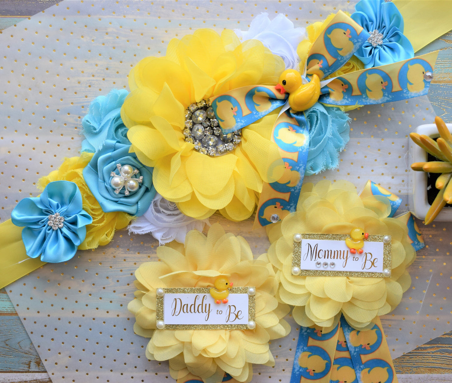 Rubber Duck Baby Shower, Ducky Flower Sash, Mommy To Be Ribbon, Daddy To Be Corsage Pin, Yellow Blue White Duck Baby Shower Sash, Custom