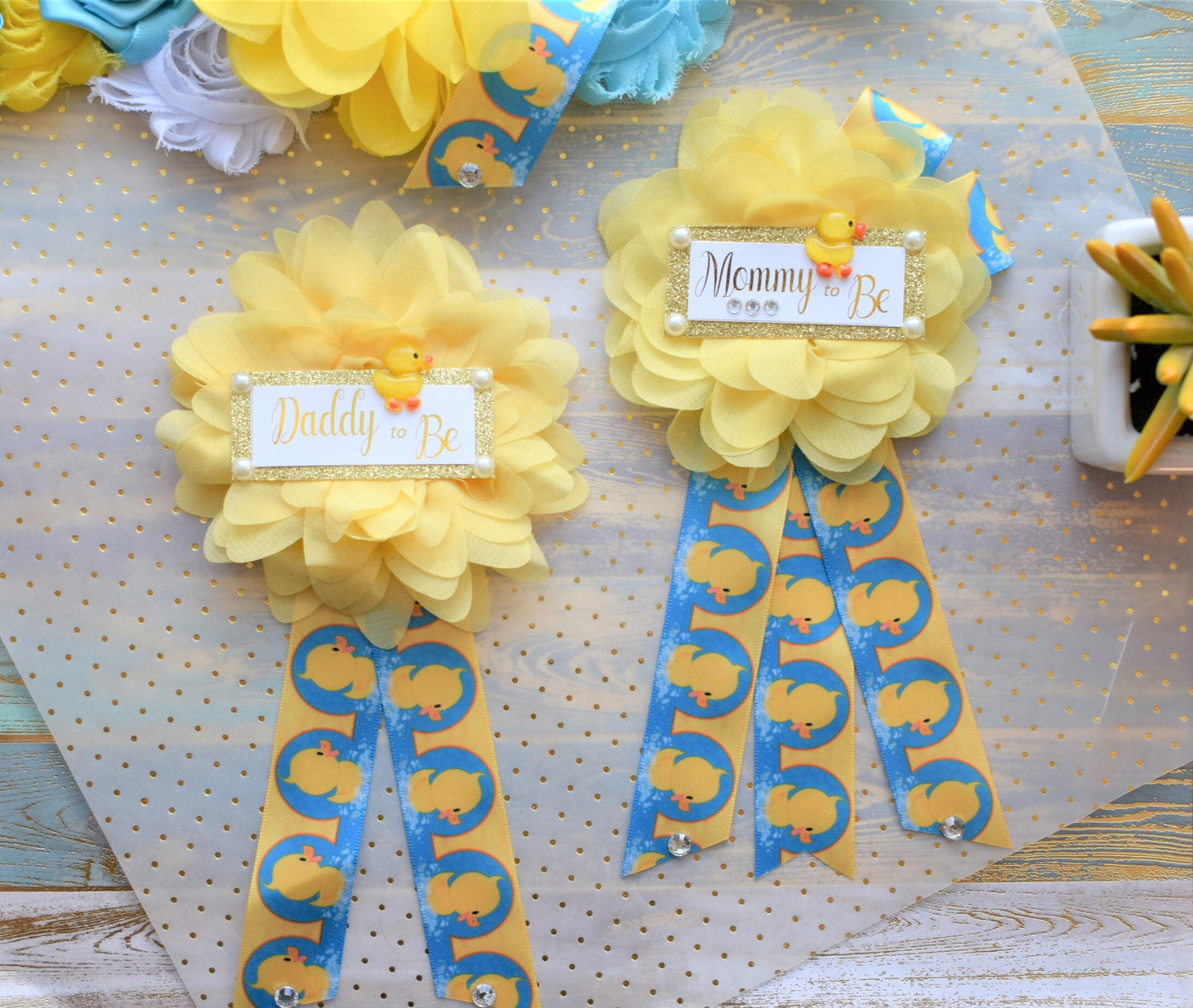 Rubber Duck Baby Shower, Ducky Flower Sash, Mommy To Be Ribbon, Daddy To Be Corsage Pin, Yellow Blue White Duck Baby Shower Sash, Custom