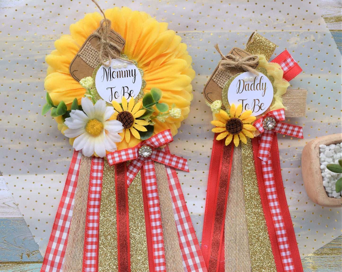 Floral Mason Jar Baby Shower, Sunflower Red Rustic Baby Shower, Yellow Red Flower Corsage Pin, Mommy To Be, Daddy To Be, Floral Mason Jar - Celebrations By Cris