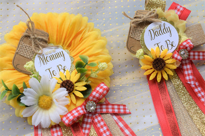 Floral Mason Jar Baby Shower, Sunflower Red Rustic Baby Shower, Yellow Red Flower Corsage Pin, Mommy To Be, Daddy To Be, Floral Mason Jar - Celebrations By Cris