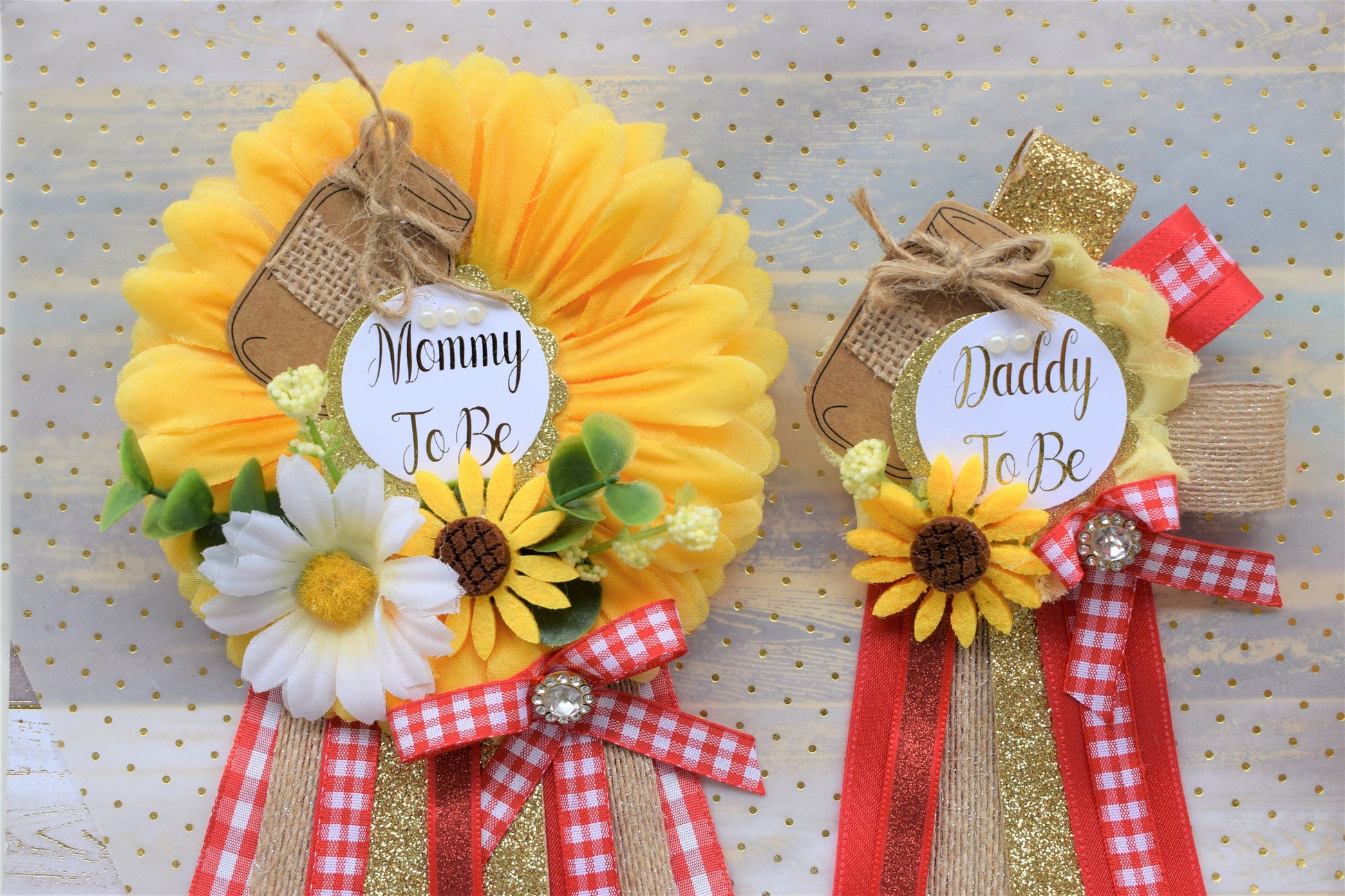 Floral Mason Jar Baby Shower, Sunflower Red Rustic Baby Shower, Yellow Red Flower Corsage Pin, Mommy To Be, Daddy To Be, Floral Mason Jar - Celebrations By Cris