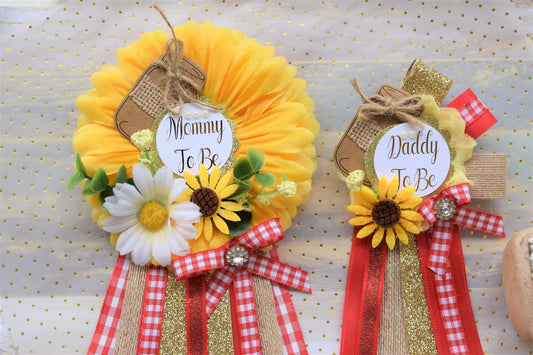 Floral Mason Jar Baby Shower, Sunflower Red Rustic Baby Shower, Yellow Red Flower Corsage Pin, Mommy To Be, Daddy To Be, Floral Mason Jar - Celebrations By Cris