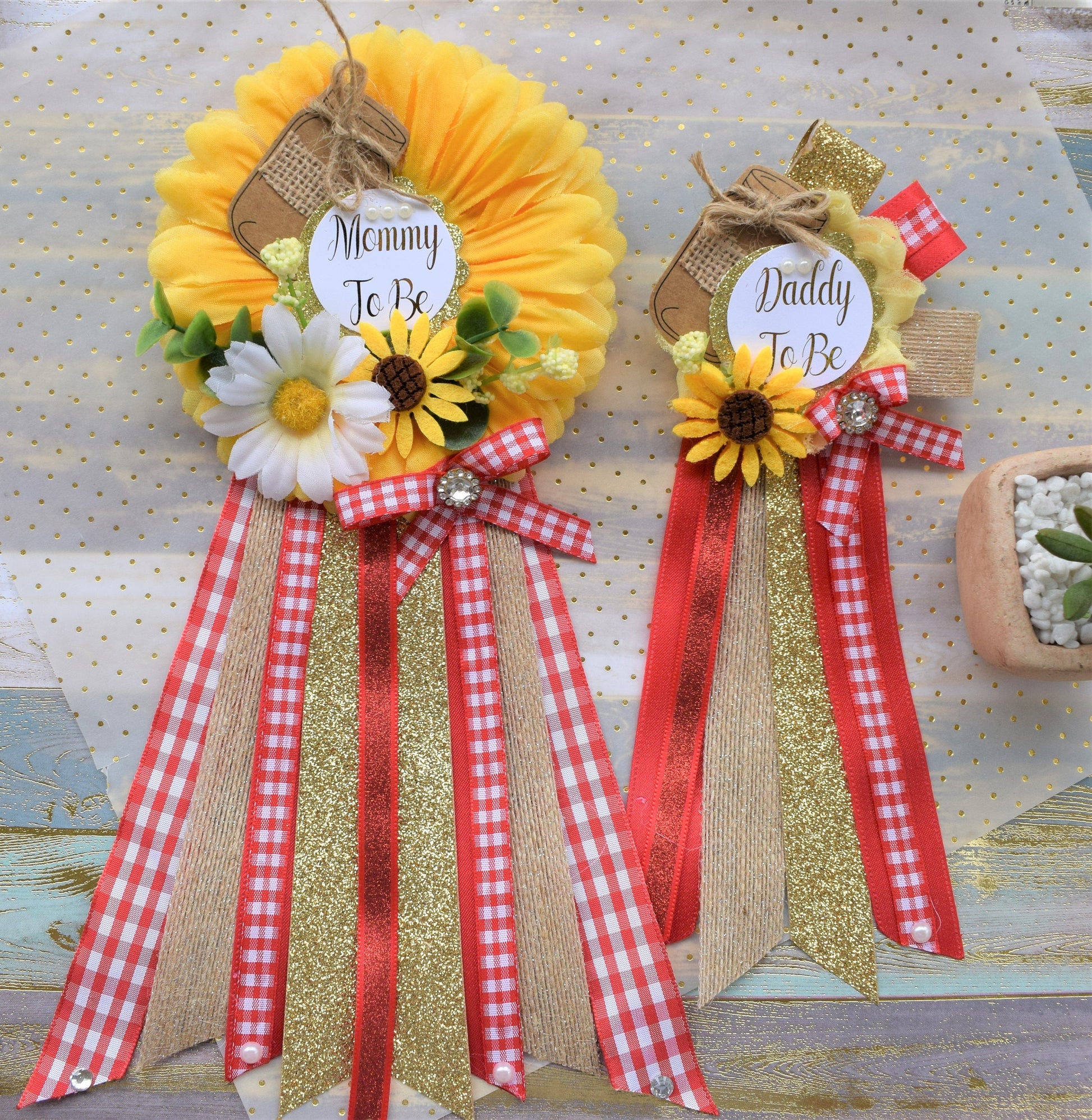 Floral Mason Jar Baby Shower, Sunflower Red Rustic Baby Shower, Yellow Red Flower Corsage Pin, Mommy To Be, Daddy To Be, Floral Mason Jar - Celebrations By Cris