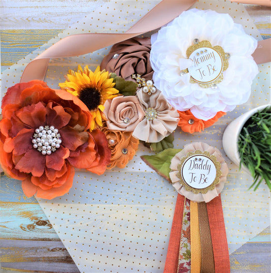 Fall Maternity Sash, Autumn Flower Sash, Beige Orange Tan Vintage Flower, Orange Brown Belly Sash, Autumn Baby Shower, Thanksgiving Sash - Celebrations By Cris