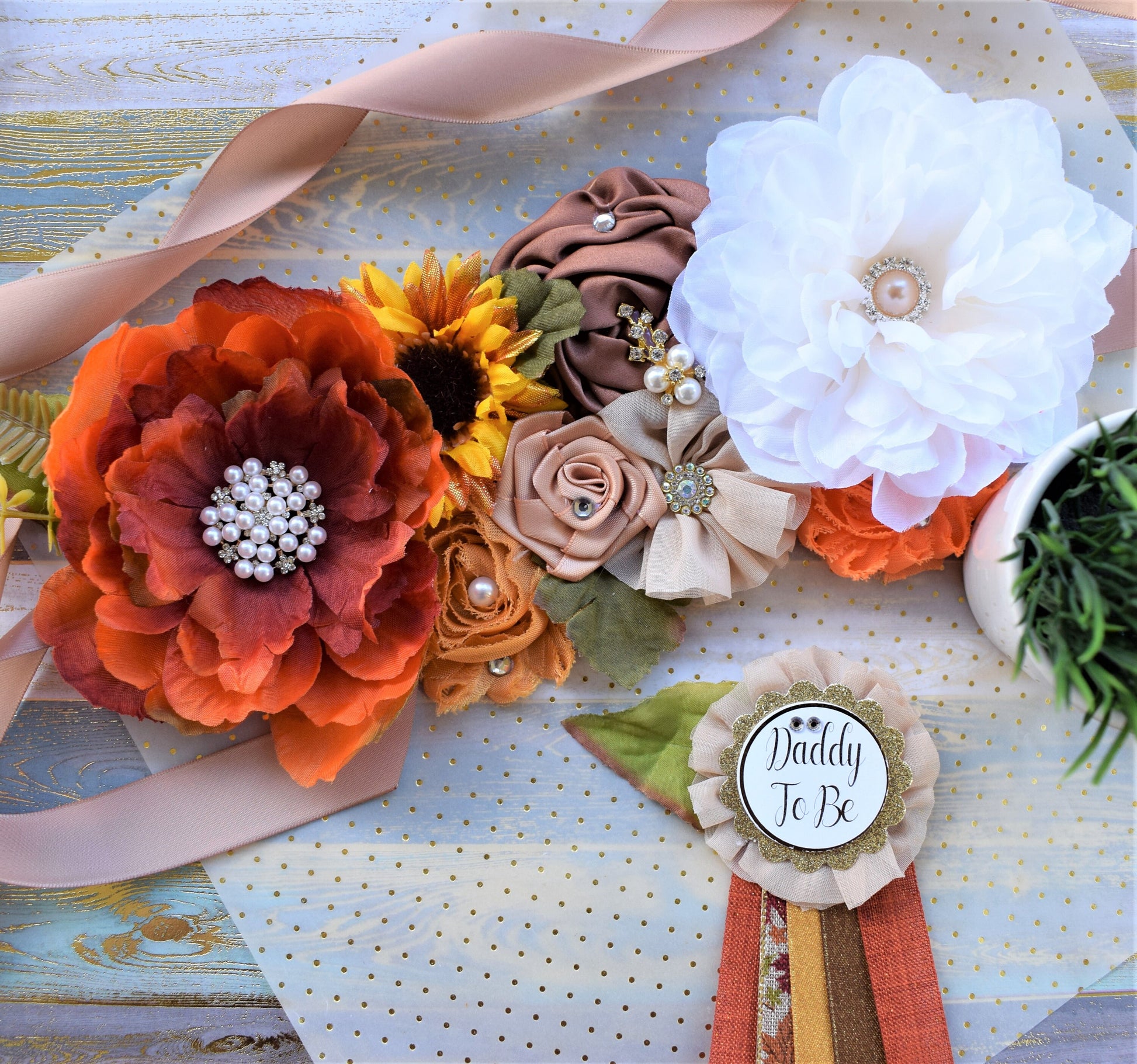 Fall Baby Shower, Fall Maternity Sash, Autumn Flower Sash, Beige Orange Tan Vintage Brown Belly Sash, Autumn Baby Shower, Thanksgiving Sash - Celebrations By Cris