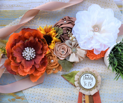 Fall Baby Shower, Fall Maternity Sash, Autumn Flower Sash, Beige Orange Tan Vintage Brown Belly Sash, Autumn Baby Shower, Thanksgiving Sash - Celebrations By Cris