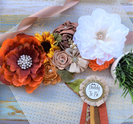 Fall Baby Shower, Fall Maternity Sash, Autumn Flower Sash, Beige Orange Tan Vintage Brown Belly Sash, Autumn Baby Shower, Thanksgiving Sash - Celebrations By Cris