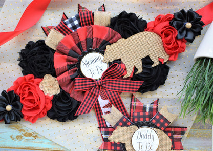 Buffalo Plaid Bear, Lumberjack Baby Shower, Buffalo Bear Plaid Shower, Burlap with Buffalo Maternity Sash, Burlap Red Black Sash, Custom - Celebrations By Cris