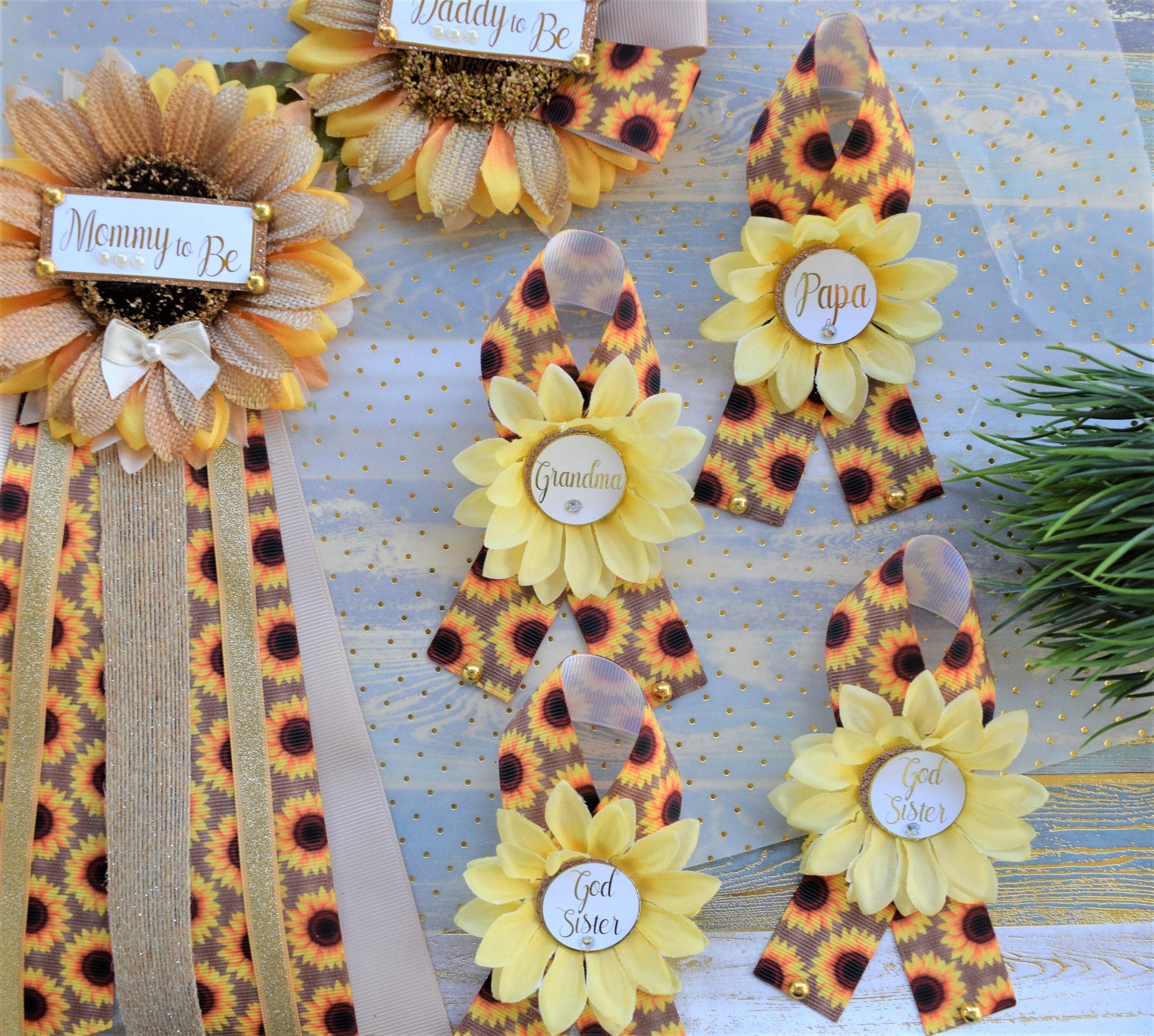 Rustic Sunflower Baby Shower, Fall Rustic Yellow Flower Sash, Daddy To Be Pin, Sunflower Rustic Baby Shower, Fall Gender Reveal Sash, Custom - Celebrations By Cris