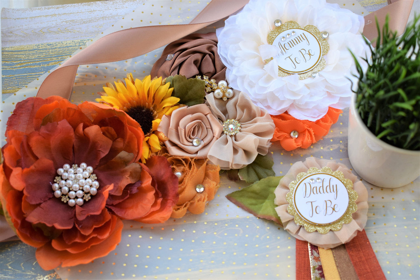 Fall Maternity Sash, Autumn Flower Sash, Beige Orange Tan Vintage Flower, Orange Brown Belly Sash, Autumn Baby Shower, Thanksgiving Sash - Celebrations By Cris