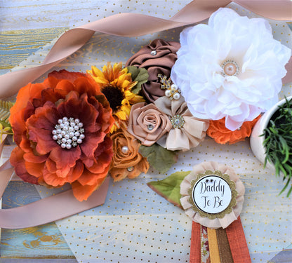 Fall Baby Shower, Fall Maternity Sash, Autumn Flower Sash, Beige Orange Tan Vintage Brown Belly Sash, Autumn Baby Shower, Thanksgiving Sash - Celebrations By Cris