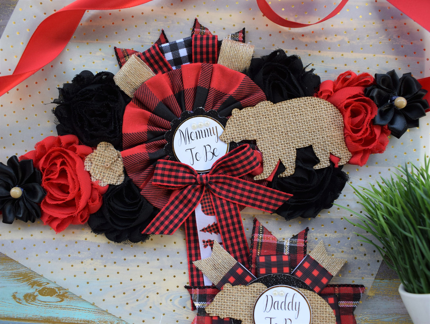 Buffalo Plaid Bear, Lumberjack Baby Shower, Buffalo Bear Plaid Shower, Burlap with Buffalo Maternity Sash, Burlap Red Black Sash, Custom - Celebrations By Cris