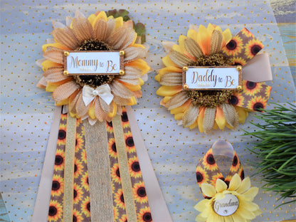 Rustic Sunflower Baby Shower, Fall Rustic Yellow Flower Sash, Daddy To Be Pin, Sunflower Rustic Baby Shower, Fall Gender Reveal Sash, Custom - Celebrations By Cris